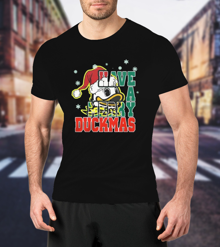 Oregon Ducks Have A Merry Duckmas Santa Hat Logo Snowflakes T-Shirt
