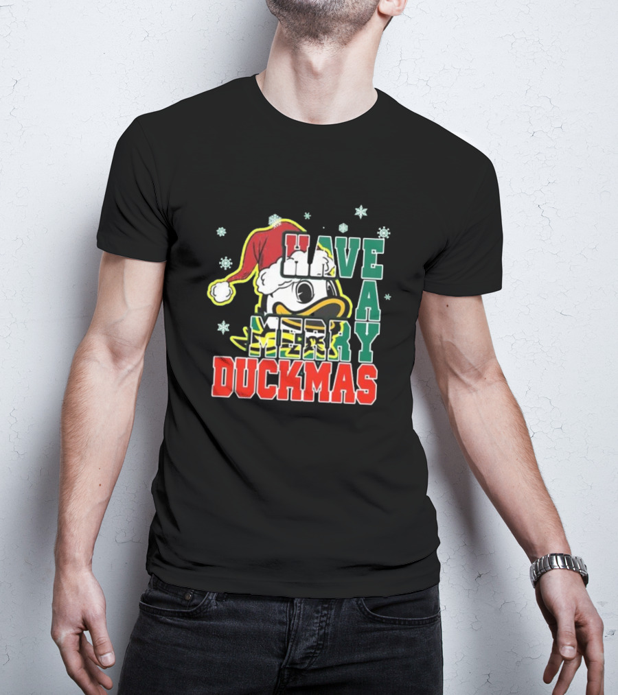 Oregon Ducks Have A Merry Duckmas Santa Hat Logo Snowflakes T-Shirt