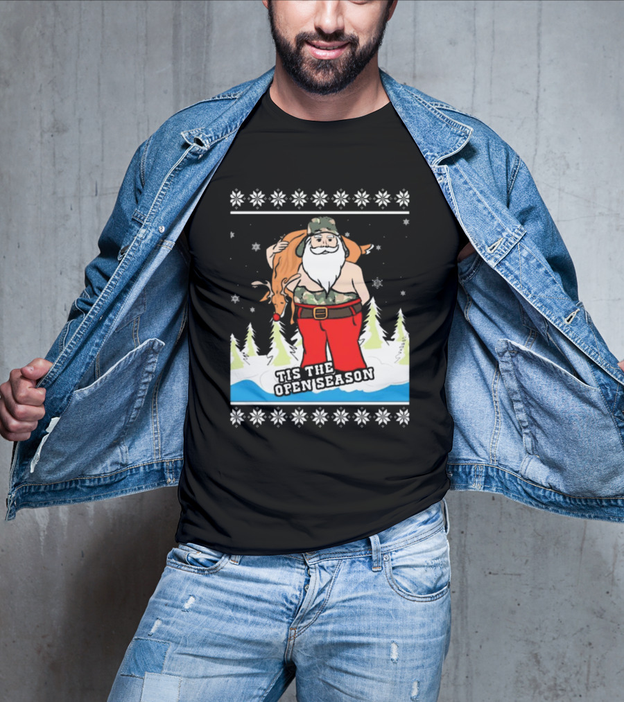 Hunting Santa Tis The Open Season Camouflage Ugly Christmas Sweaters T-Shirt