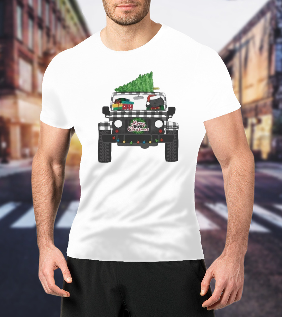 Merry Christmas Black Buffalo Plaid Jeep With Cartoon Labradoodle And Tree T-Shirt