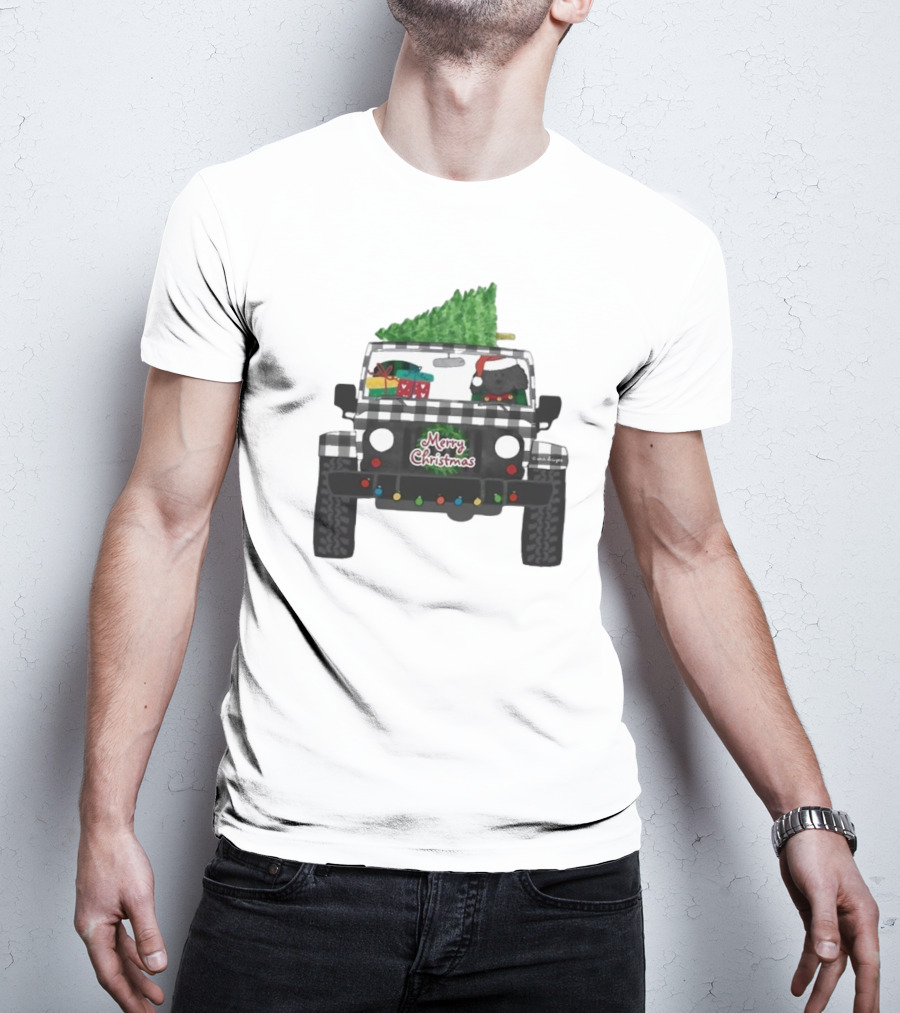 Merry Christmas Black Buffalo Plaid Jeep With Cartoon Labradoodle And Tree T-Shirt
