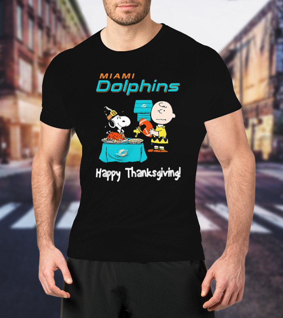 Miami Dolphins Peanuts NFL Football Happy Thanksgiving T-Shirt