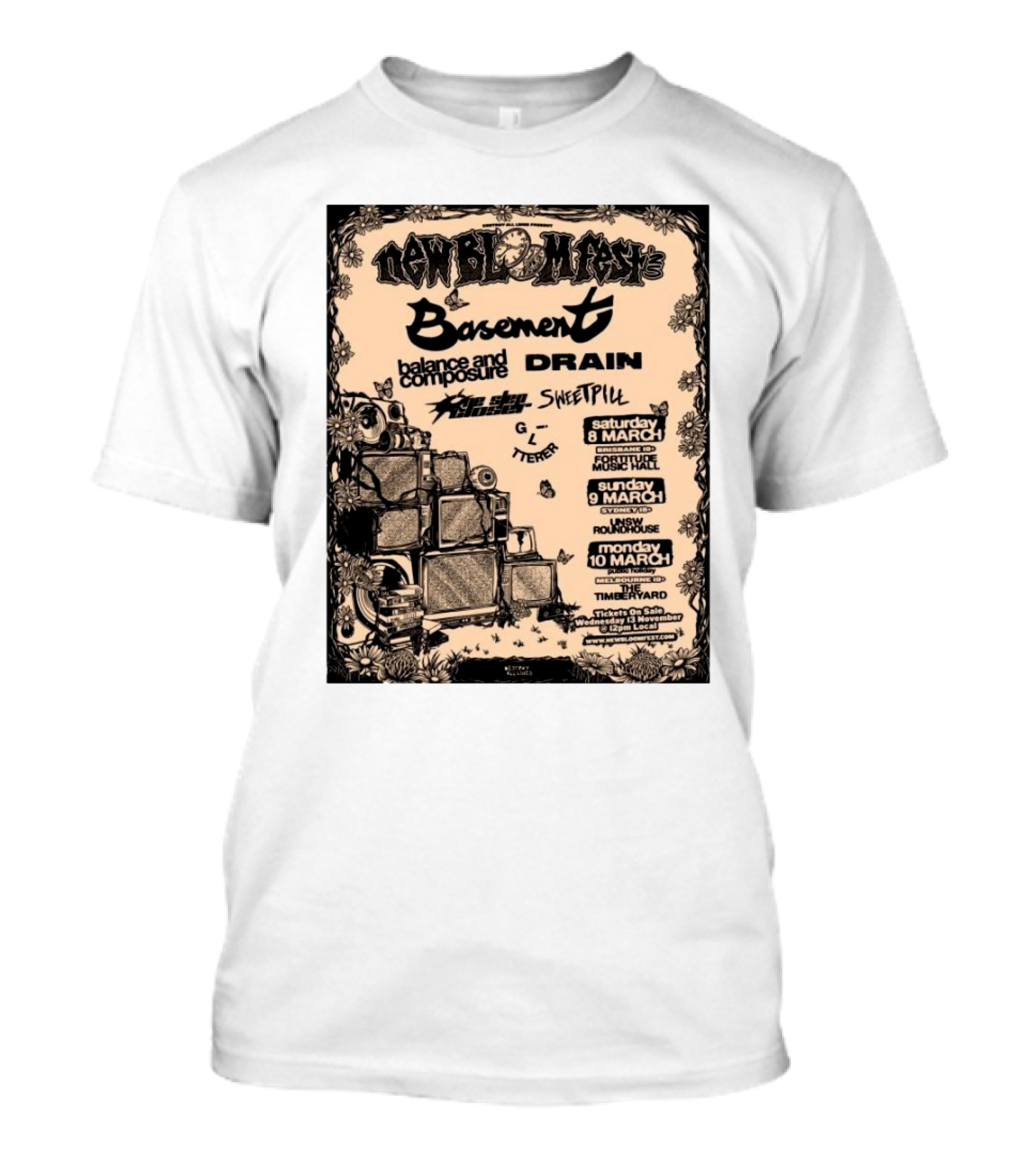 New Bloom Fest 2025 Basement Balance And Composure Drain Turnover Live Concert March 8-10 T-Shirt