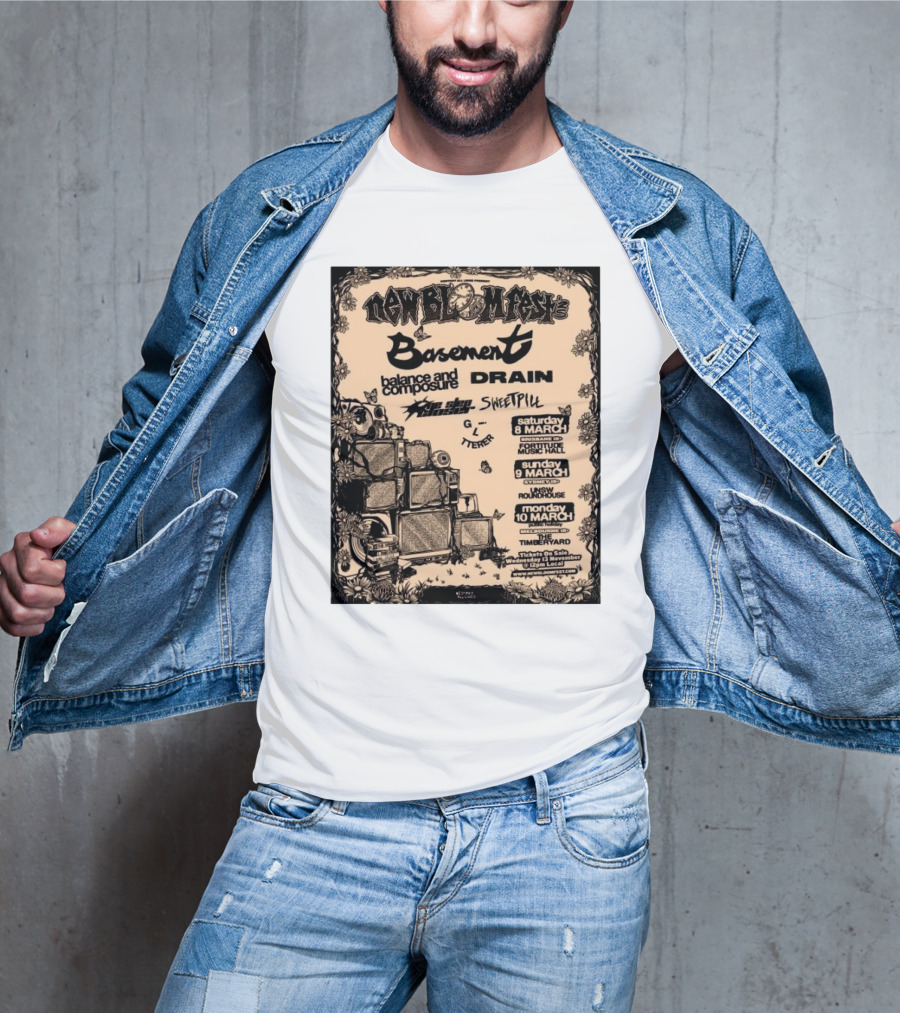 New Bloom Fest 2025 Basement Balance And Composure Drain Turnover Live Concert March 8-10 T-Shirt