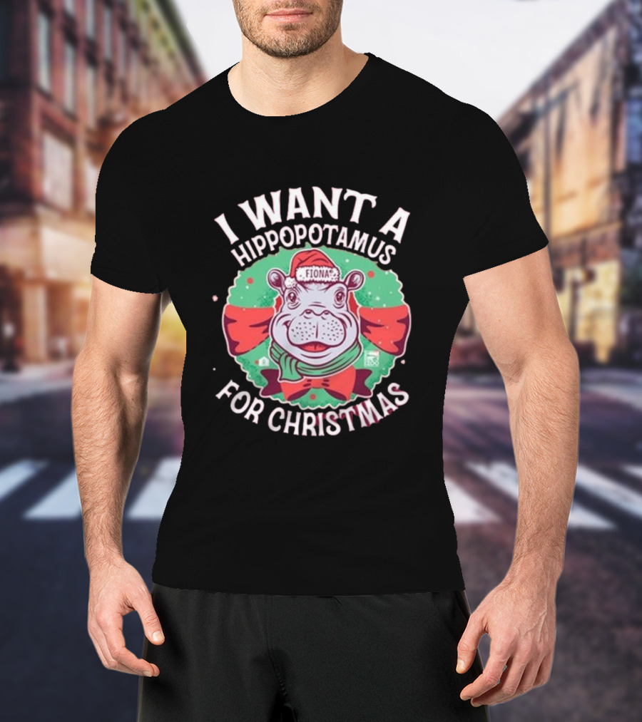 I Want A Hippopotamus For Christmas Fiona Cincinnati Red Bow T-Shirt