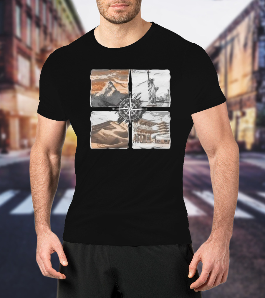 Dads Being Dudes Live Your Life Vintage Mountain Dunes Statue Of Liberty Pagoda Compass T-Shirt