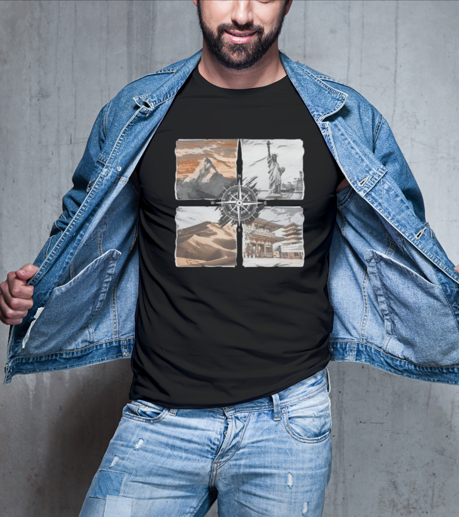 Dads Being Dudes Live Your Life Vintage Mountain Dunes Statue Of Liberty Pagoda Compass T-Shirt