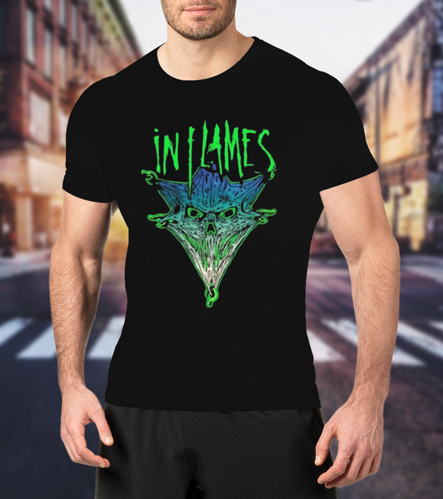 In Flames Pierced Jester Skull Face T-Shirt