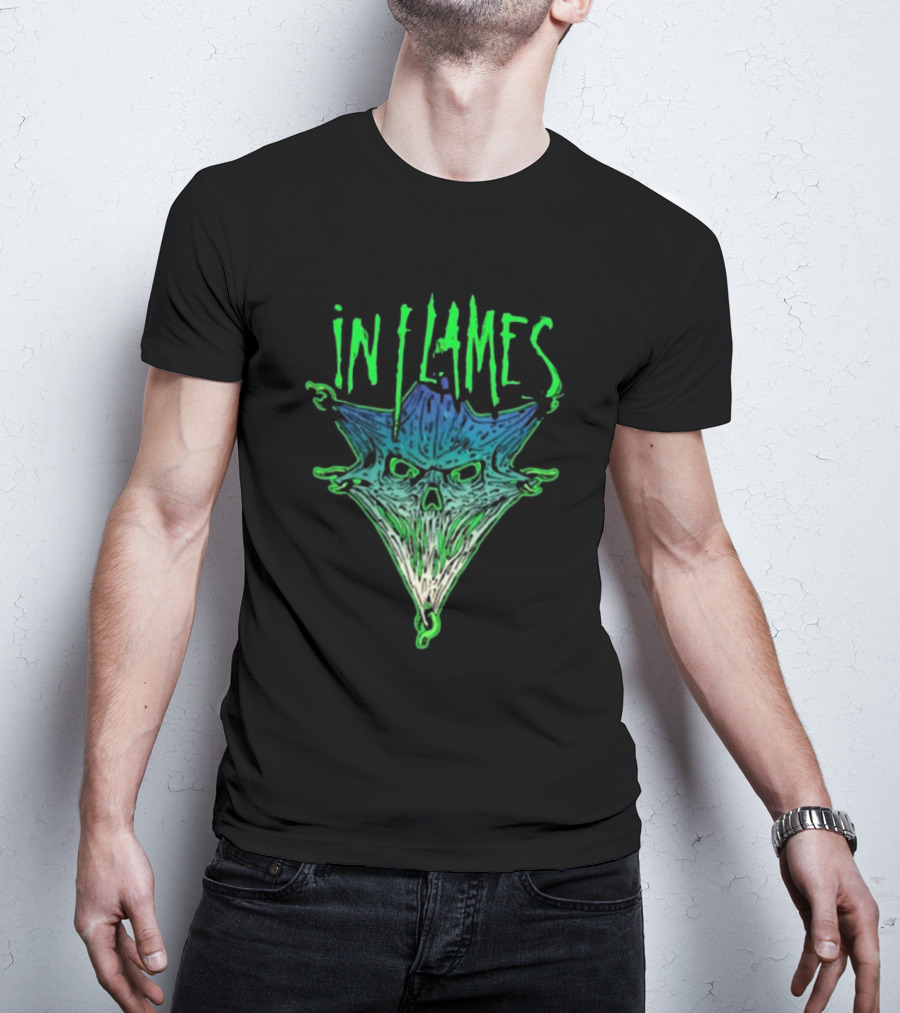 In Flames Pierced Jester Skull Face T-Shirt