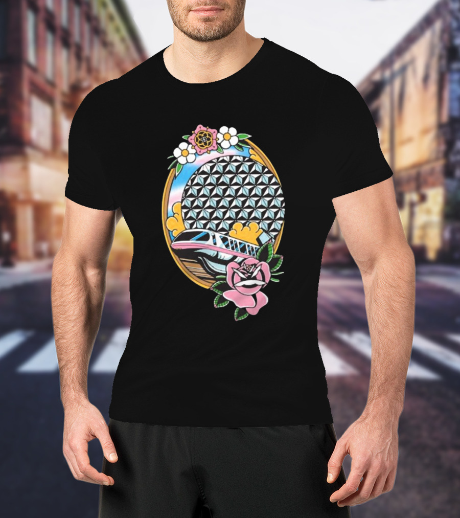 The Lost Bros Monorail Spaceship Earth Tattoo Style Floral T-Shirt