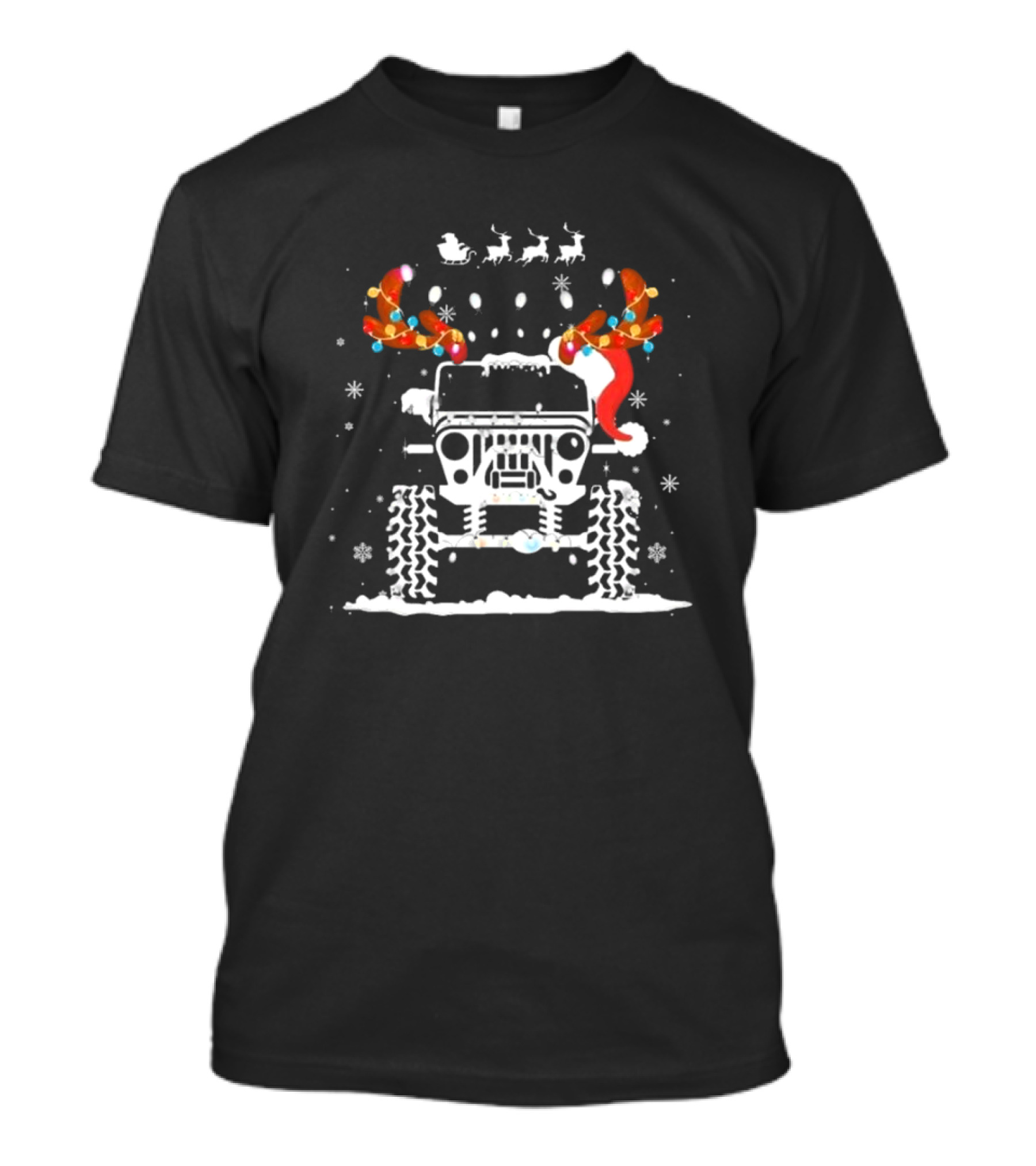 Jeep Reindeer Antlers Santa Sleigh Christmas Lights T-Shirt