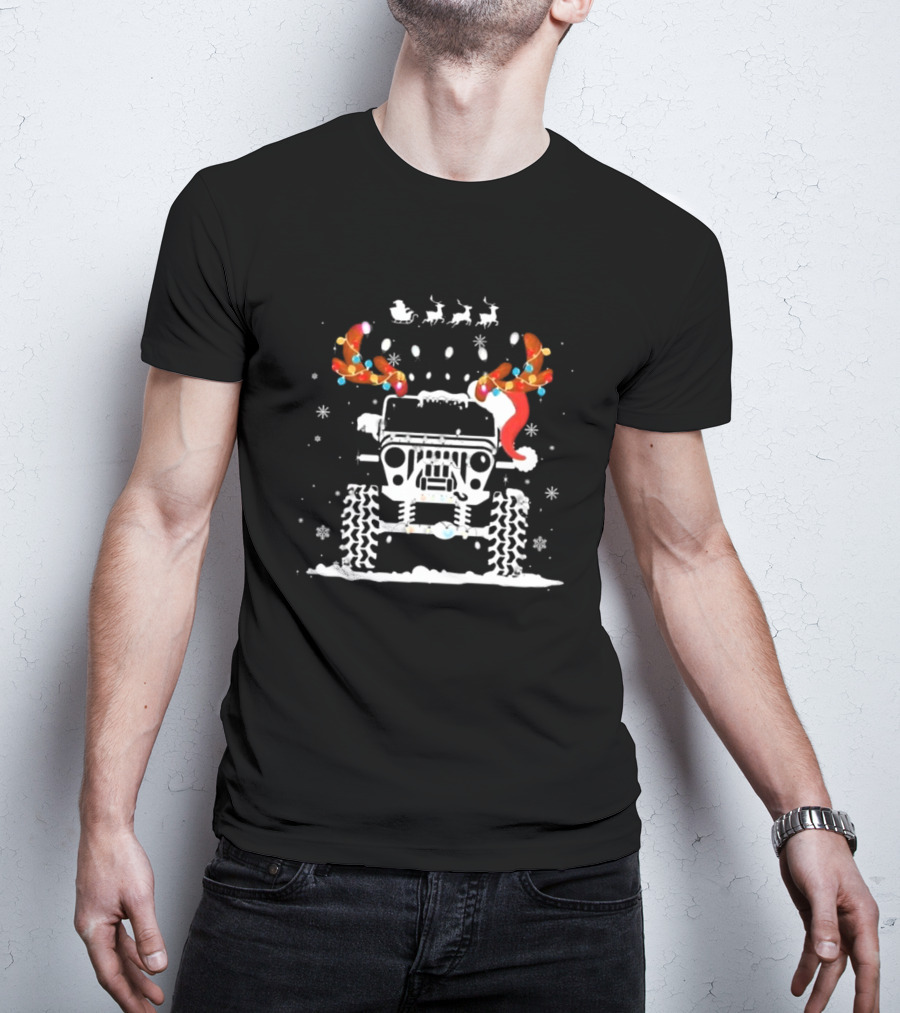 Jeep Reindeer Antlers Santa Sleigh Christmas Lights T-Shirt