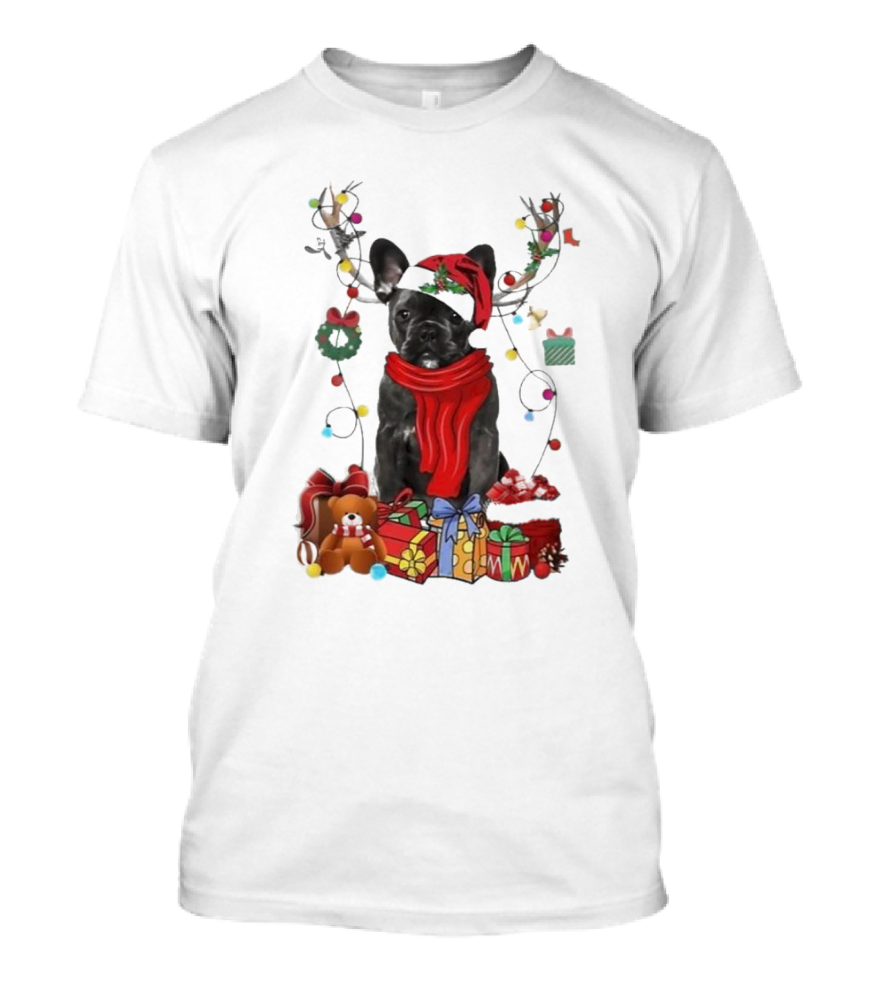 French Bulldog Reindeer Christmas Lights Merry Christmas Wreath Gifts T-Shirt