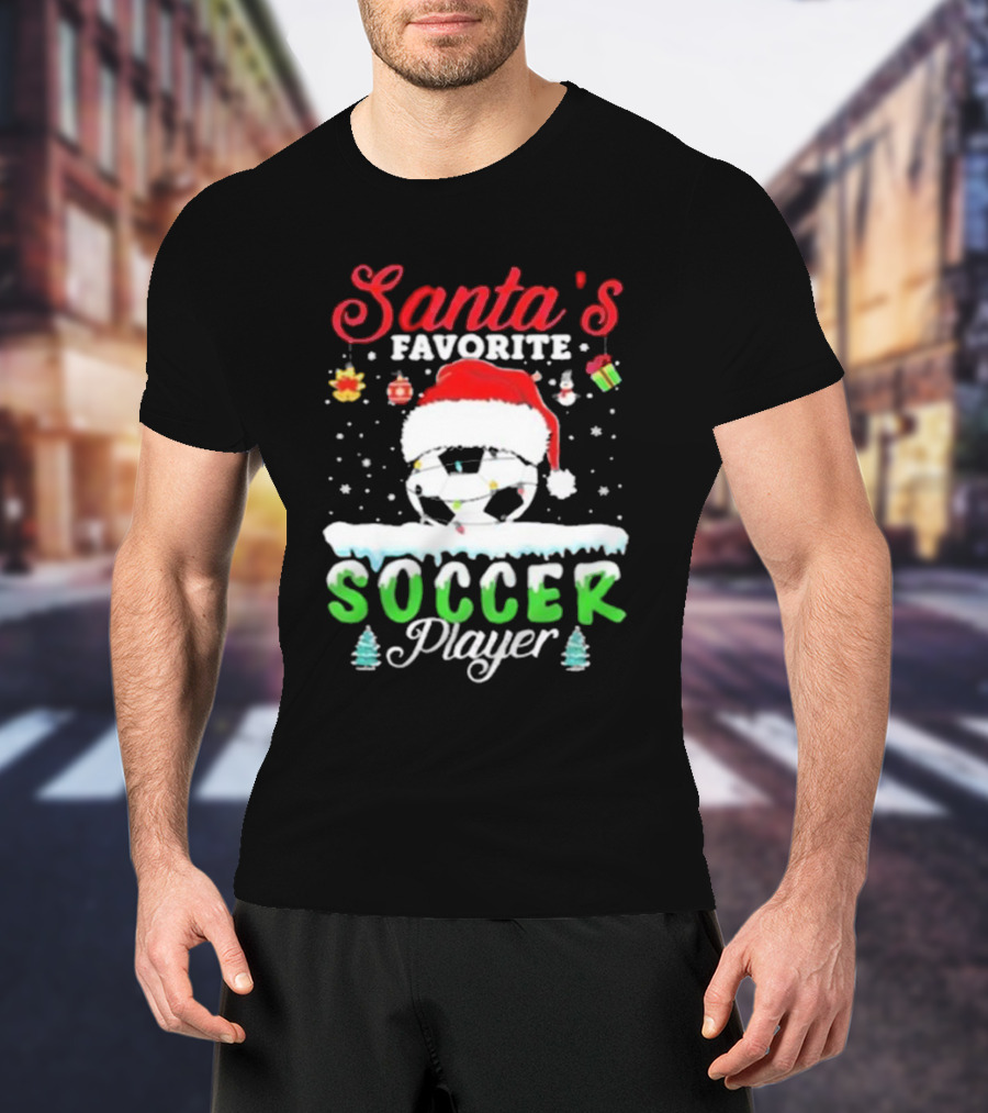 Santa's Favorite Soccer Player Christmas Football Soccer Ball Santa Hat Snowflakes T-Shirt