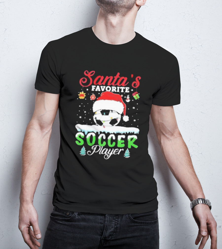 Santa's Favorite Soccer Player Christmas Football Soccer Ball Santa Hat Snowflakes T-Shirt