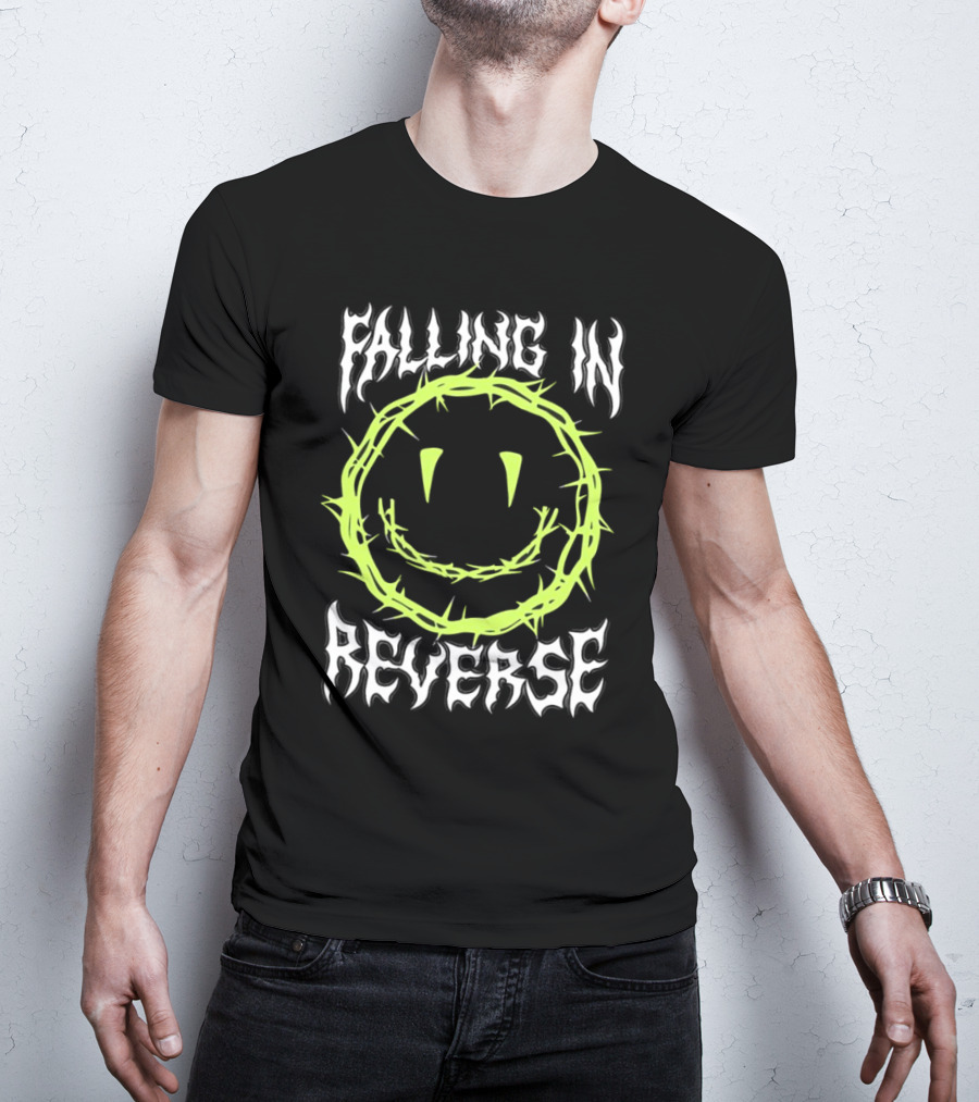 Falling In Reverse Smiley Face With Green Thorn Outline T-Shirt