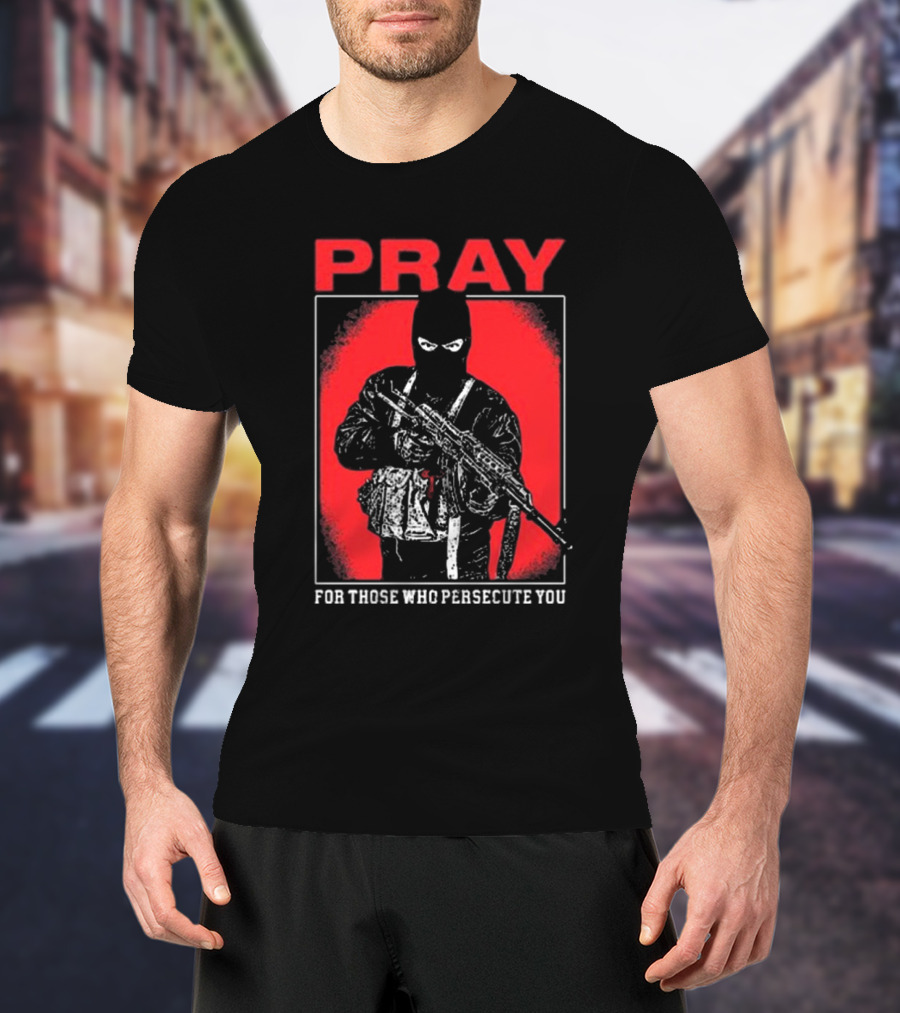 Ritualprintslc Shayne Smith Pray For Those Who Persecute You Masked Figure With Rifle In Red And Black T-Shirt
