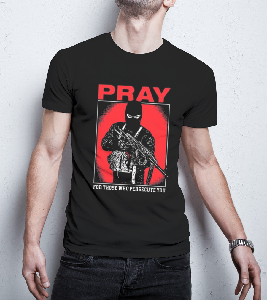 Ritualprintslc Shayne Smith Pray For Those Who Persecute You Masked Figure With Rifle In Red And Black T-Shirt