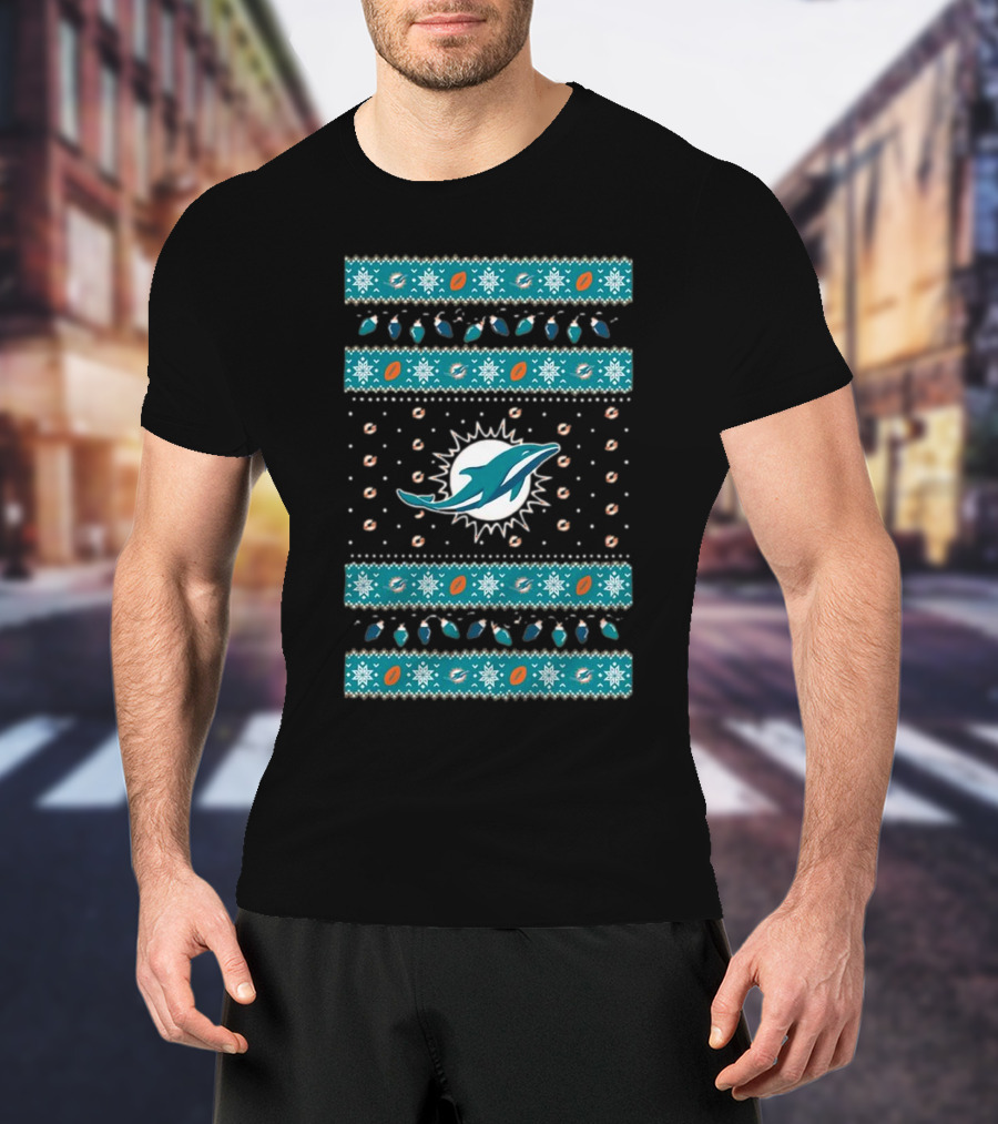 Miami Dolphins NFL Holiday Lights Ugly Sweater Christmas Football T-Shirt