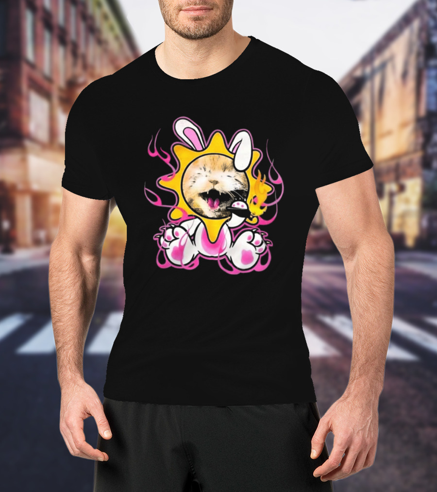 Praiseche Cat Sunburst Bunny Ears Pink Flames T-Shirt