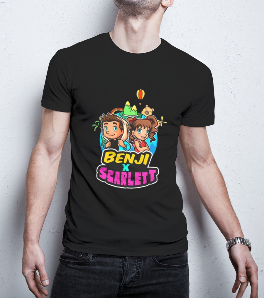 Benji X Scarlett Adventure Cartoon Style Balloon Island Teddy Bear T-Shirt