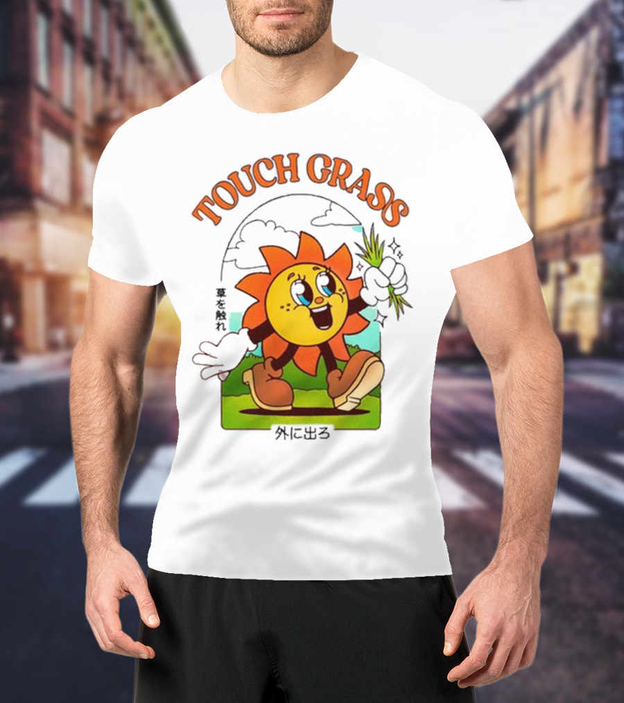 Touch Grass Retro Sun Character Outdoors Japanese Text T-Shirt