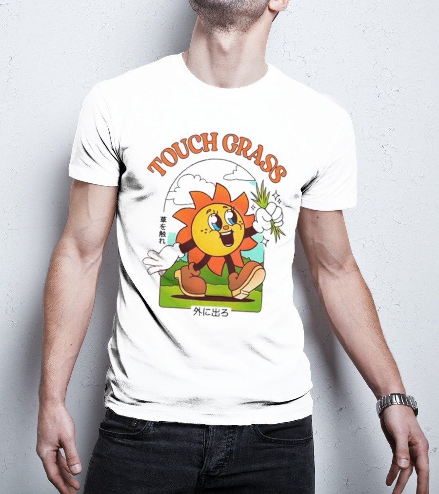 Touch Grass Retro Sun Character Outdoors Japanese Text T-Shirt