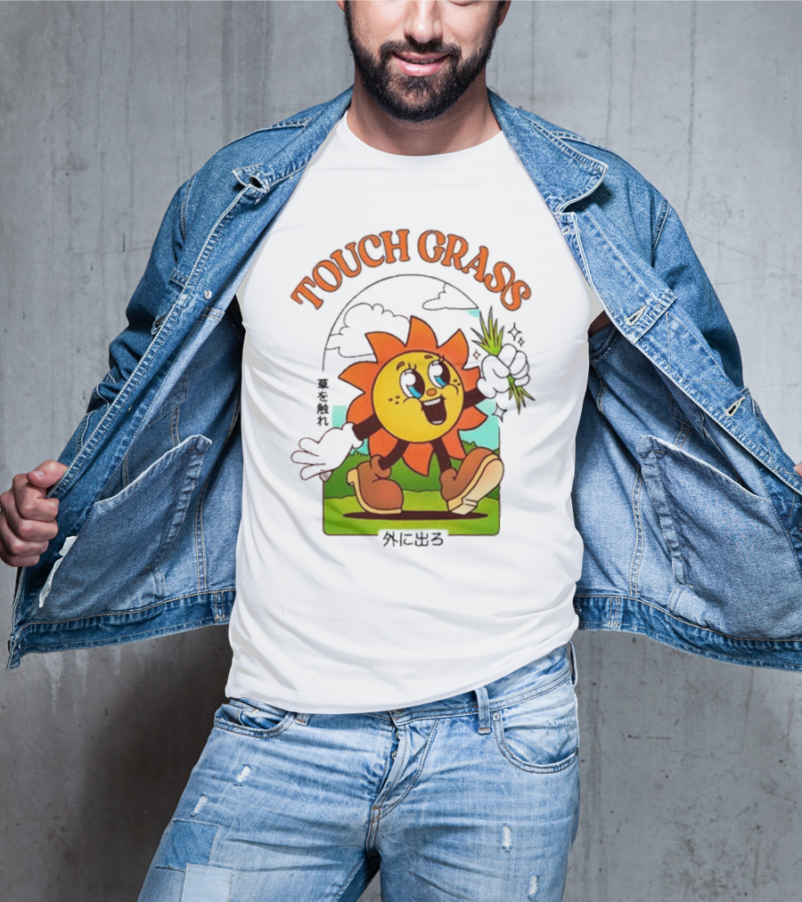 Touch Grass Retro Sun Character Outdoors Japanese Text T-Shirt