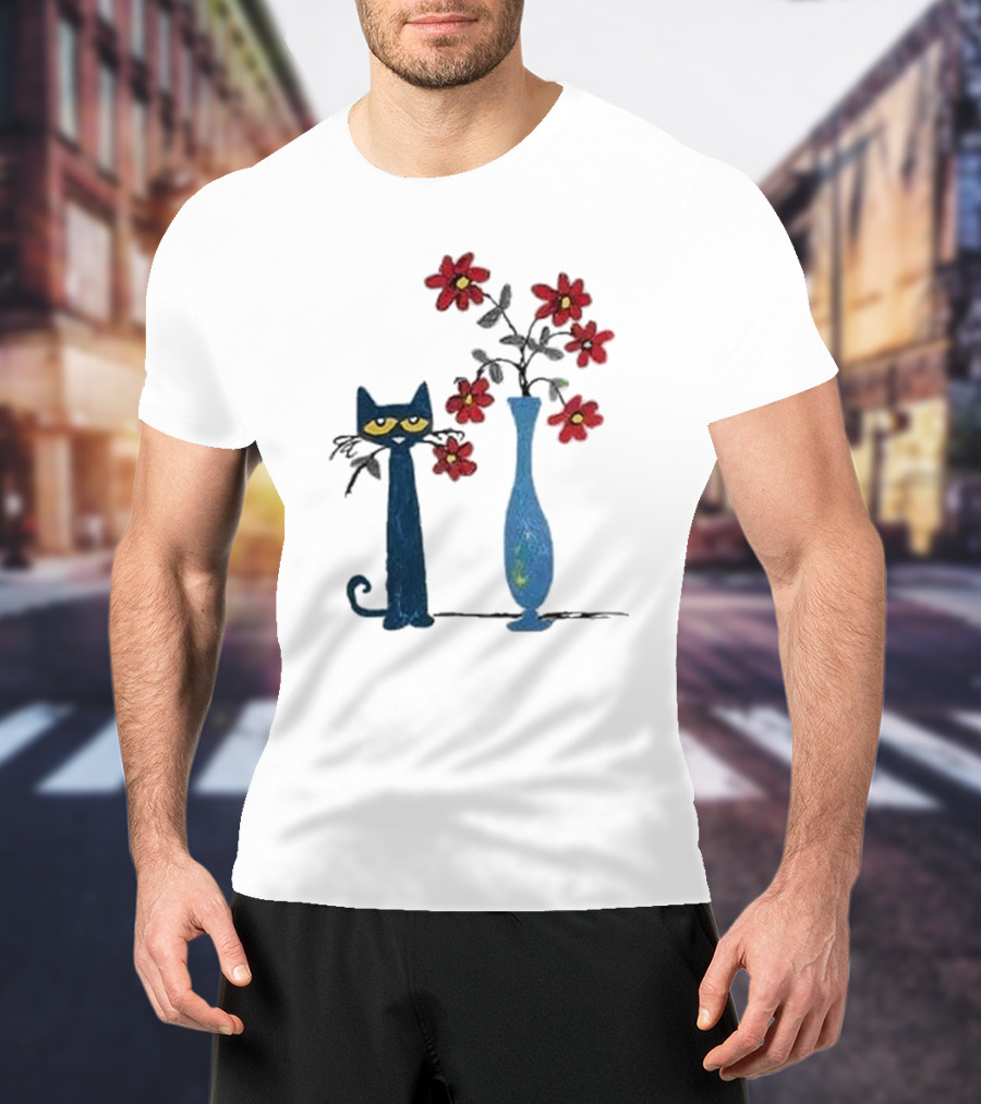 Pete The Cat And Red Flowers In Blue Vase T-Shirt