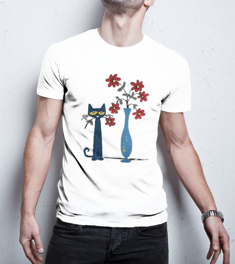 Pete The Cat And Red Flowers In Blue Vase T-Shirt
