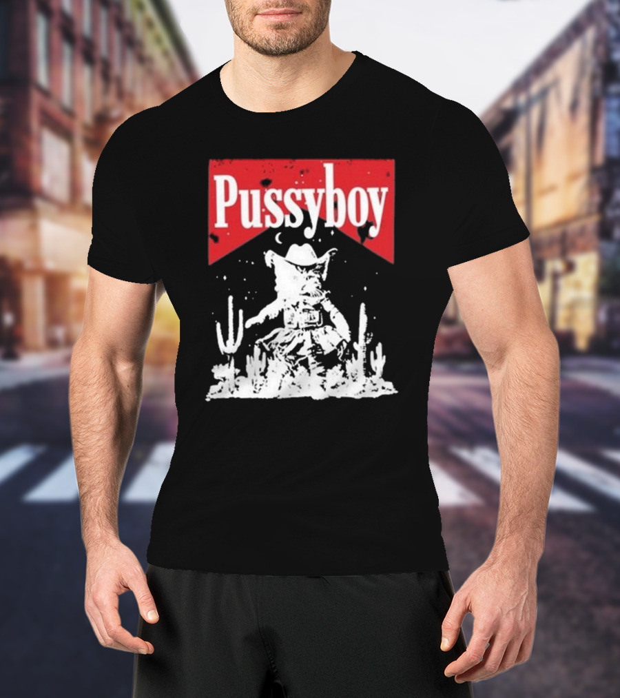 Ezramichelmusic Pussyboy Western Cat Cactus Night Scene T-Shirt