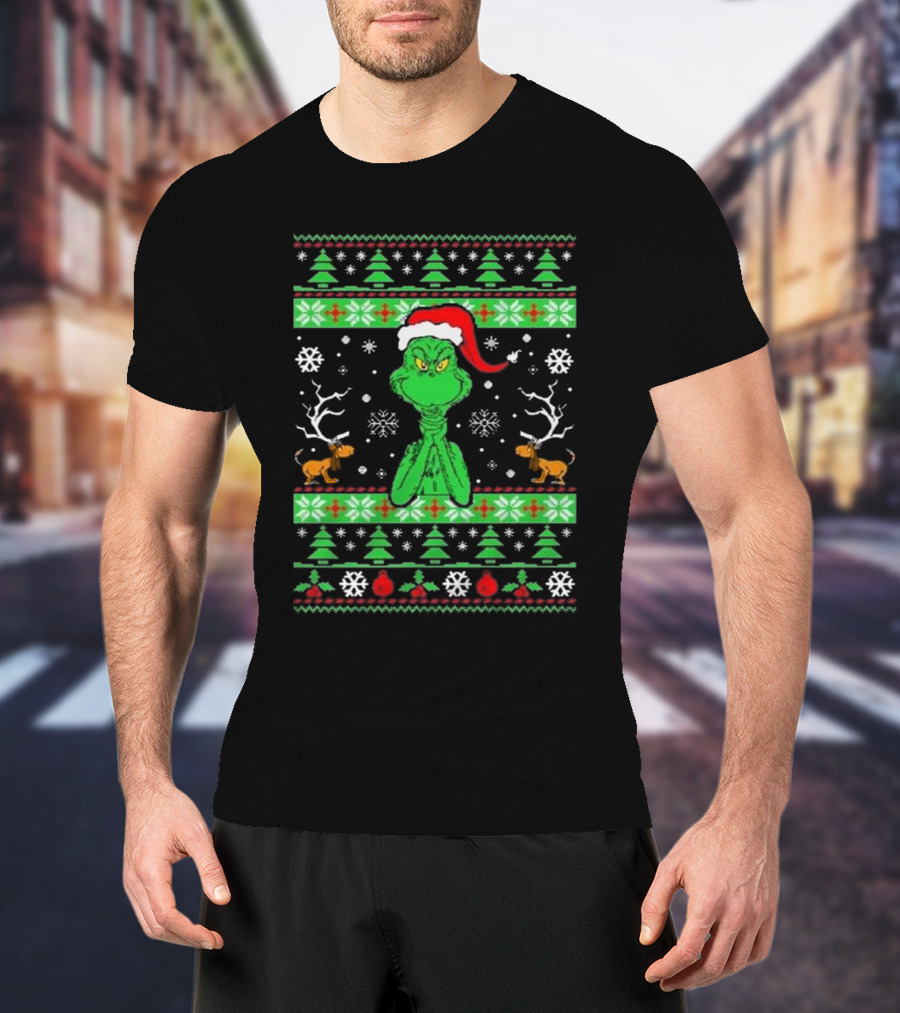 Grinch Santa Max Reindeer Trees Snowflakes Ugly Christmas T-Shirt