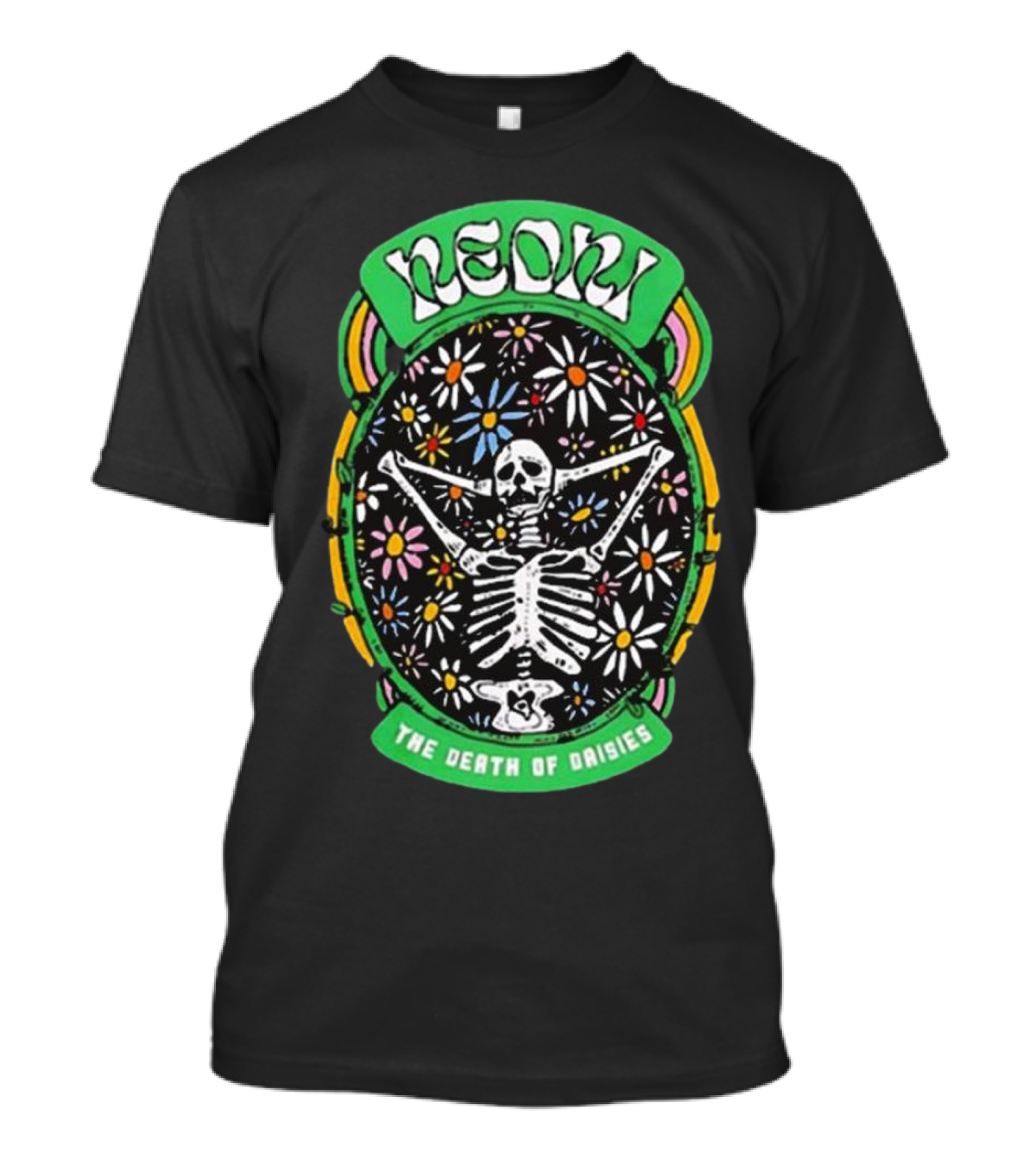 Neon The Death Of Daisies Skeleton Surrounded By Flowers T-Shirt