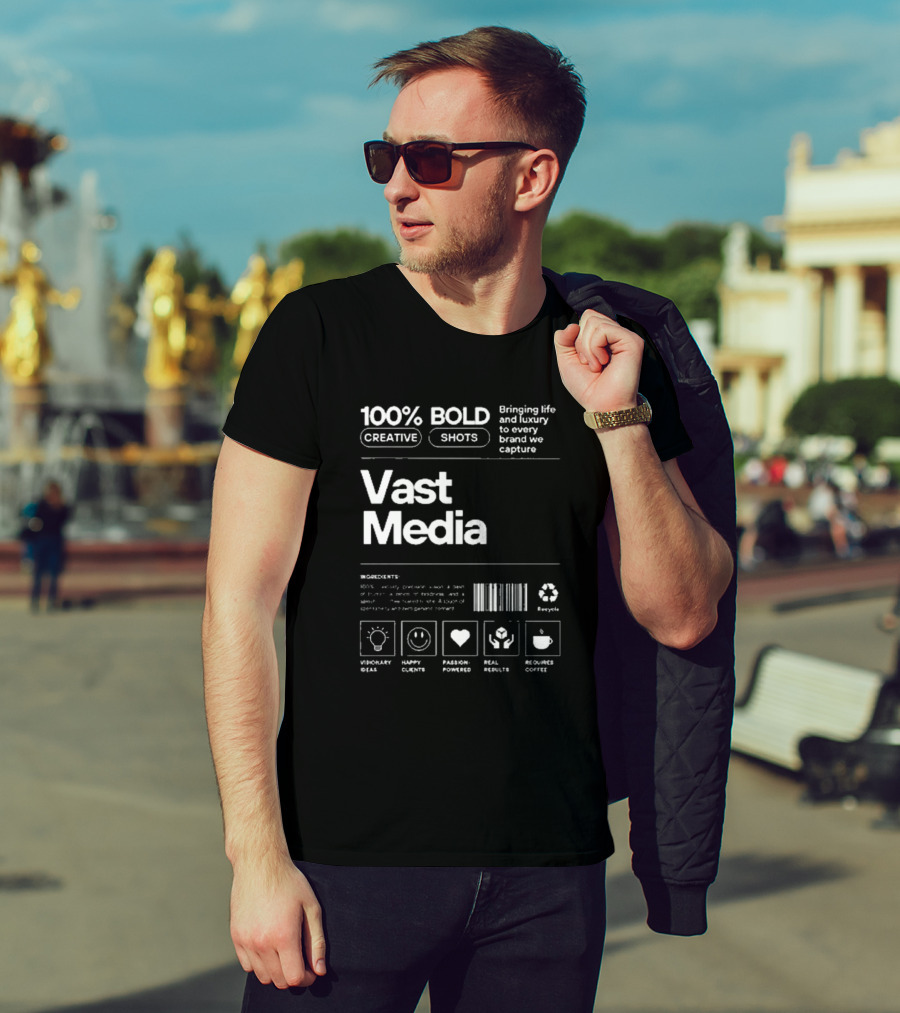 100% Bold Creative Shots Bringing Life And Luxury To Every Brand We Capture Vast Media Visionary Ideas Happy Clients Passion-Powered Real Results Requires Coffee T-Shirt