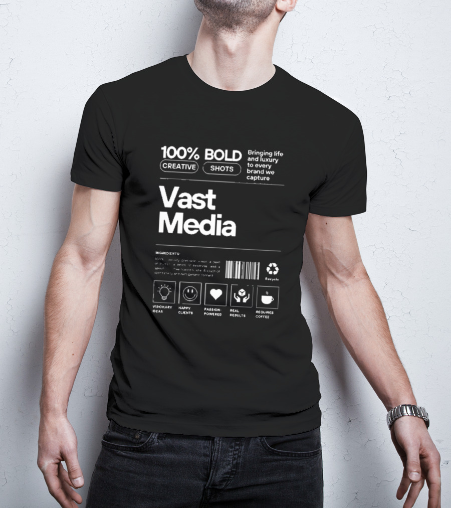 100% Bold Creative Shots Bringing Life And Luxury To Every Brand We Capture Vast Media Visionary Ideas Happy Clients Passion-Powered Real Results Requires Coffee T-Shirt