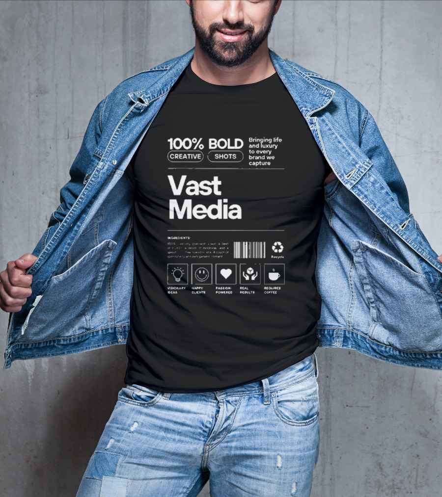 100% Bold Creative Shots Bringing Life And Luxury To Every Brand We Capture Vast Media Visionary Ideas Happy Clients Passion-Powered Real Results Requires Coffee T-Shirt