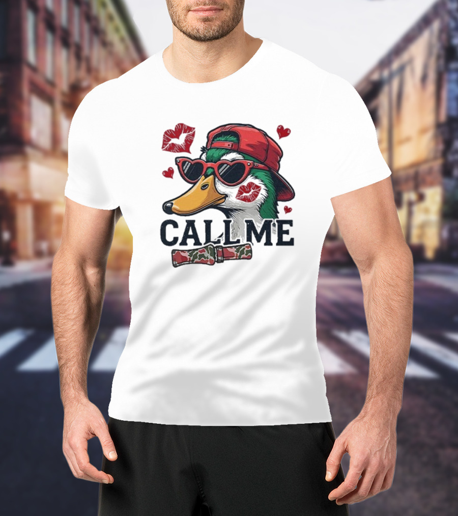 Call Me Valentine Mallard Duck In Sunglasses And Red Cap Surrounded By Hearts And Kisses T-Shirt