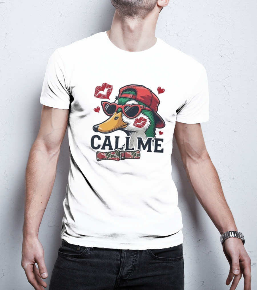 Call Me Valentine Mallard Duck In Sunglasses And Red Cap Surrounded By Hearts And Kisses T-Shirt
