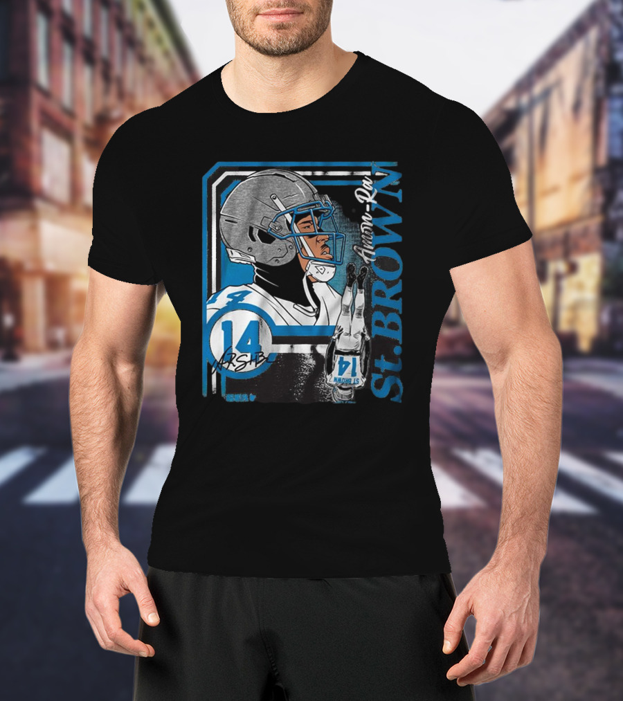 Amon-Ra St. Brown Detroit Lions NFL Number 14 Collage Signature Frame Football T-Shirt