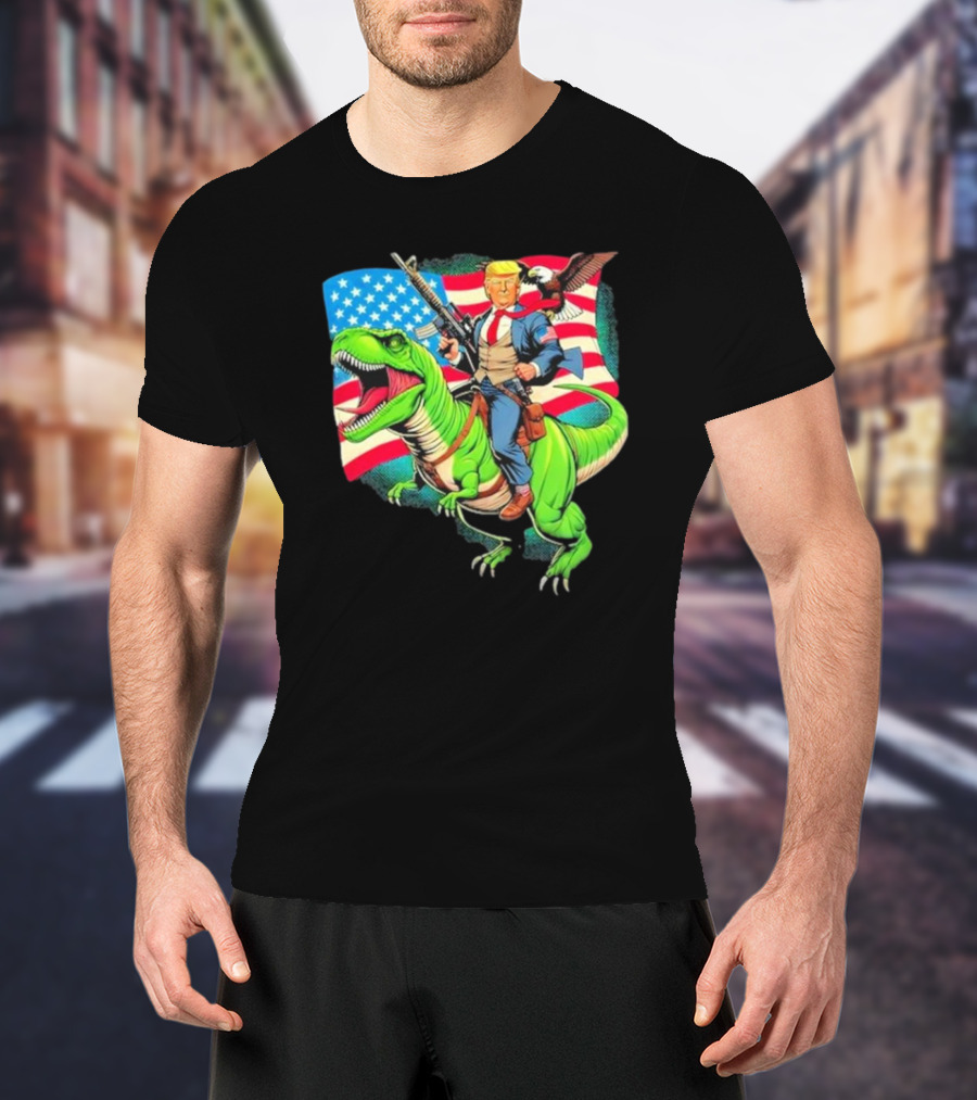 Bald Eagle US Flag Trump Dinosaur Riding Patriotic Scene T-Shirt
