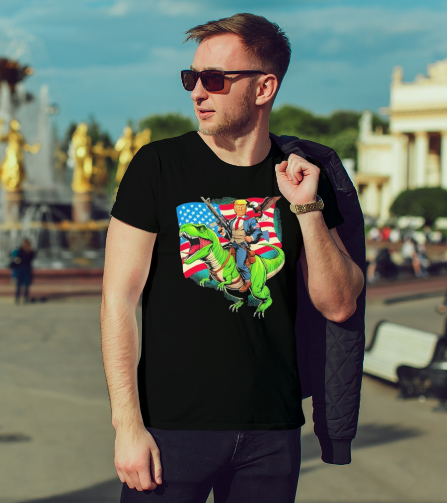 Bald Eagle US Flag Trump Dinosaur Riding Patriotic Scene T-Shirt