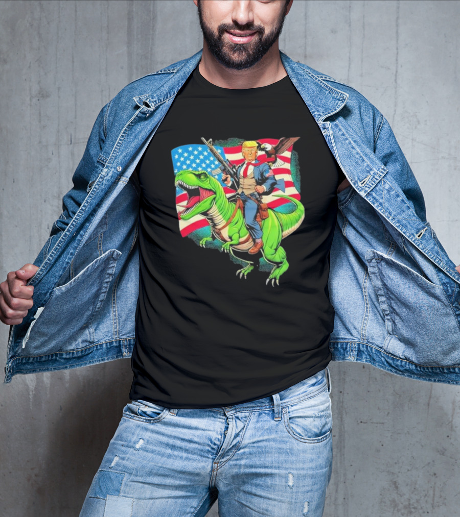 Bald Eagle US Flag Trump Dinosaur Riding Patriotic Scene T-Shirt
