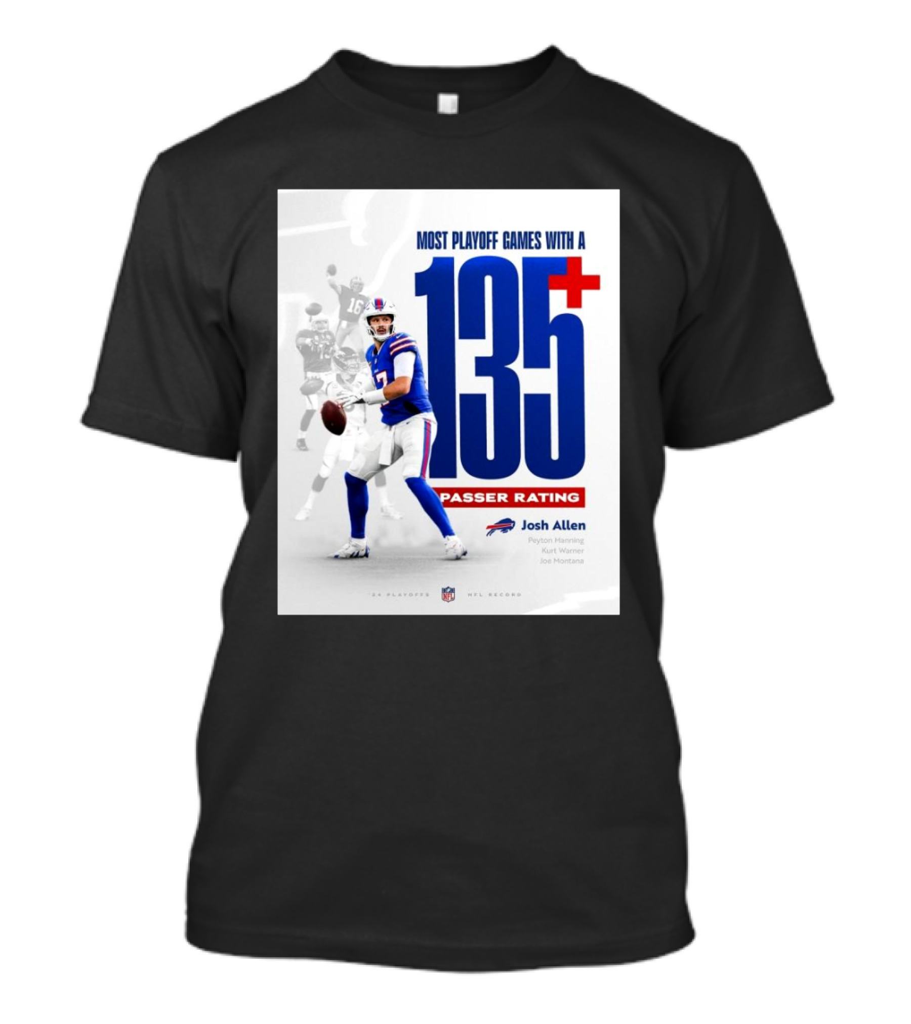Buffalo Bills Josh Allen Most Playoff Games With A 135+ Passer Rating NFL Record Peyton Manning Kurt Warner Joe Montana T-Shirt