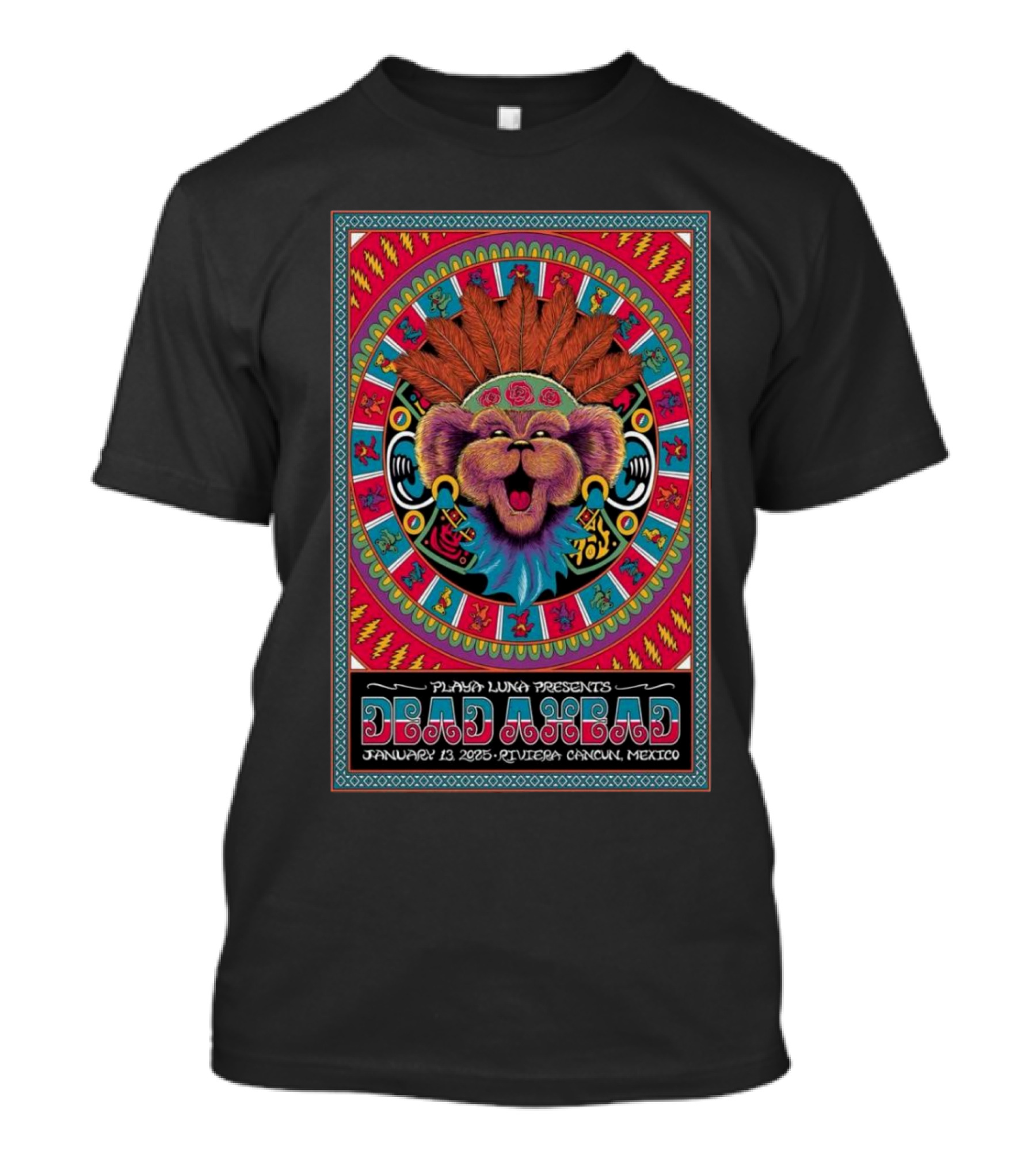 Playa Luna Presents Dead Ahead January 13 2025 Riviera Cancun Mexico Concert Colorful Lion Headdress T-Shirt