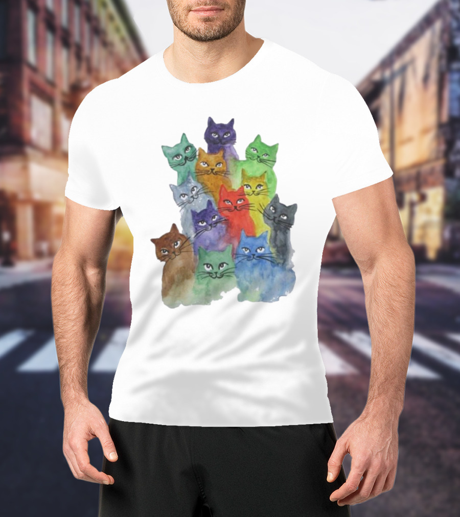 Cats All Around Colorful Watercolor Feline Faces T-Shirt