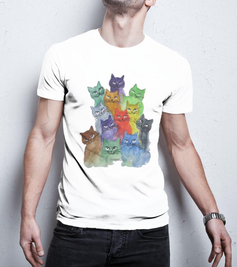 Cats All Around Colorful Watercolor Feline Faces T-Shirt