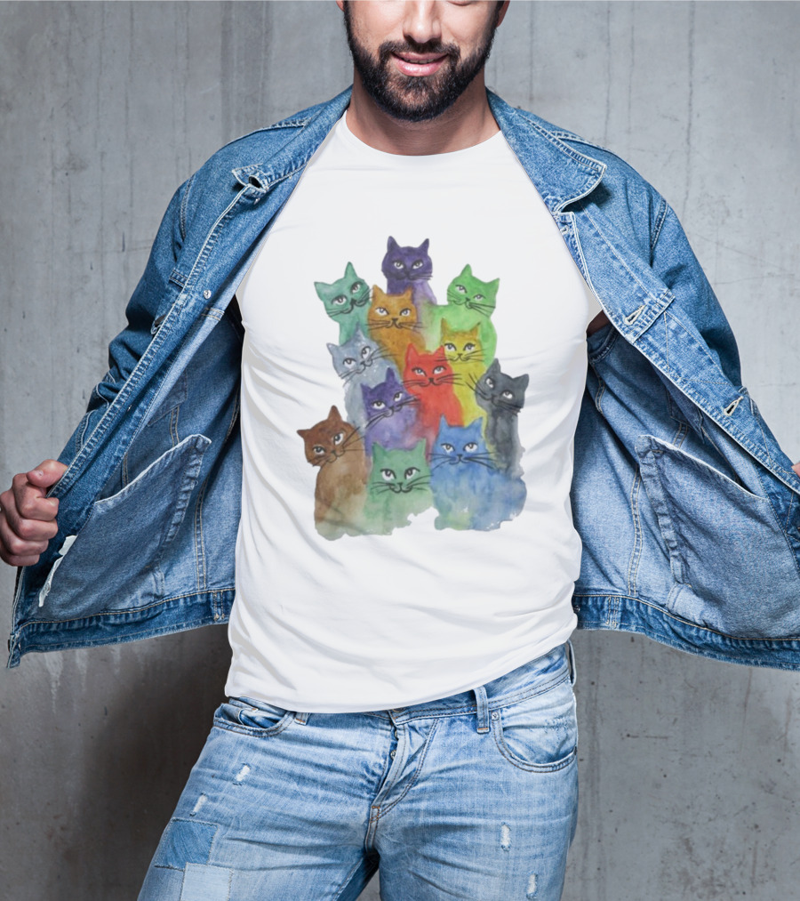 Cats All Around Colorful Watercolor Feline Faces T-Shirt