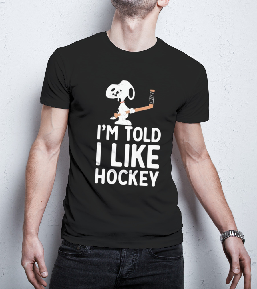 Snoopy I'm Told I Like Hockey Peanuts Comic Hockey Stick T-Shirt