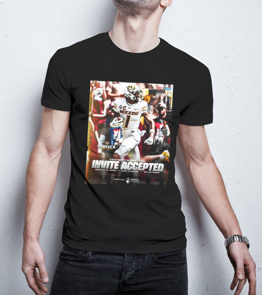 Theo Wease Jr. Mizzou Tigers East-West Shrine Bowl Invite Accepted January 30 2025 AT&T Stadium NFL Network T-Shirt