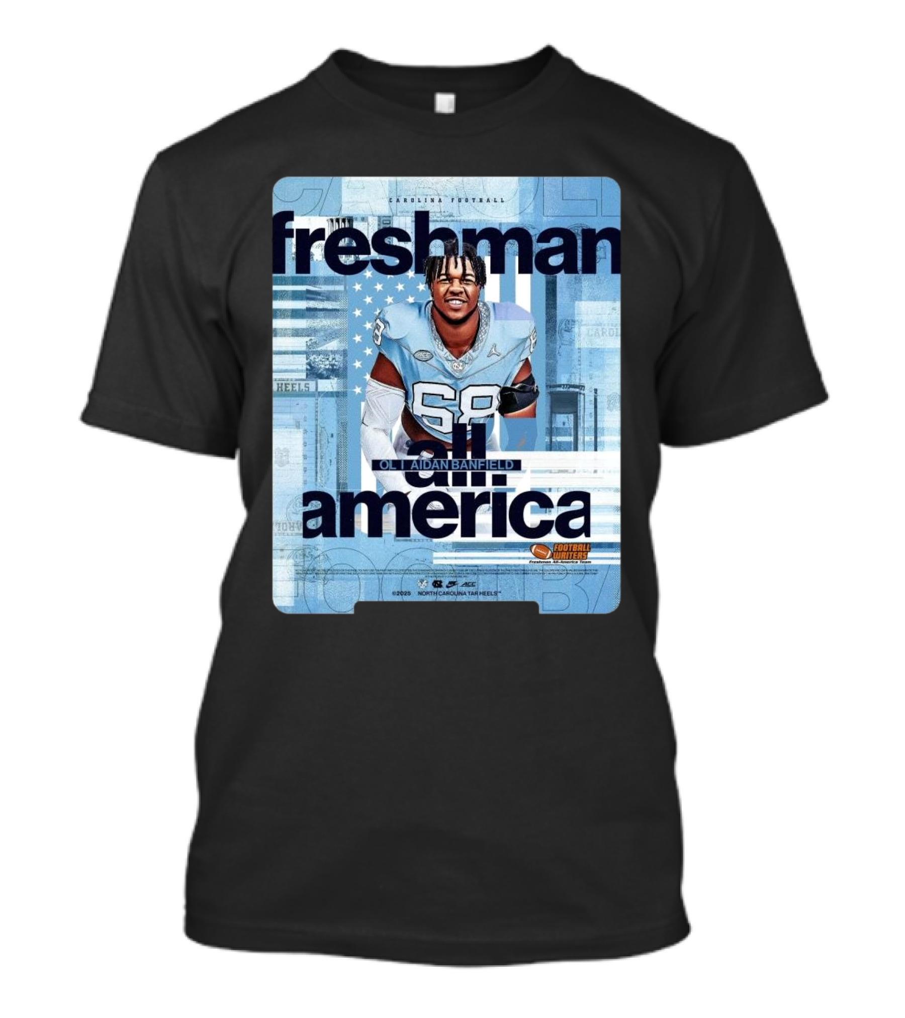 North Carolina Tar Heels Football Freshman America OL Aidan Banfield Football Writers T-Shirt